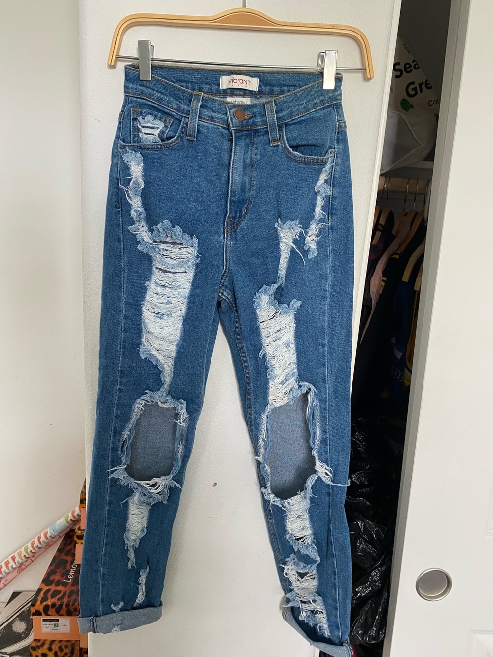 Vibrant Blue Denim High Rise Heavy Distressed Women’s Jeans Size 1
